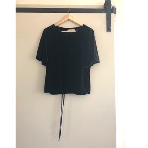 LOFT Black velour t-shirt with tie at the bottom